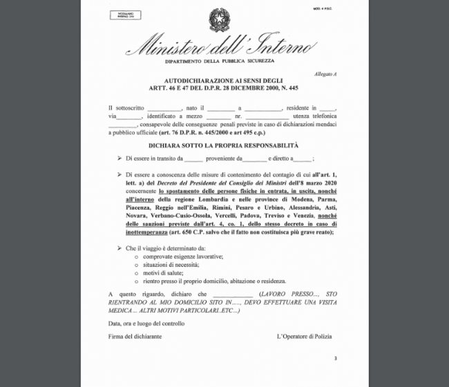 Scarica l’autocertificazione necessaria per ogni spostamento