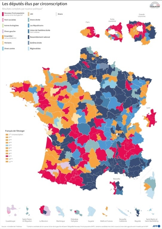 I deputati eletti per circoscrizione alle elezioni legislative del giugno 2024 in Francia, secondo i risultati completi (fonte: Arnaud Pichon, Afp)